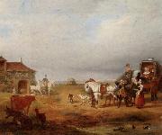 unknow artist An open landscape with a horse and carriage halted beside a pond,with anmals and innnearby oil painting reproduction